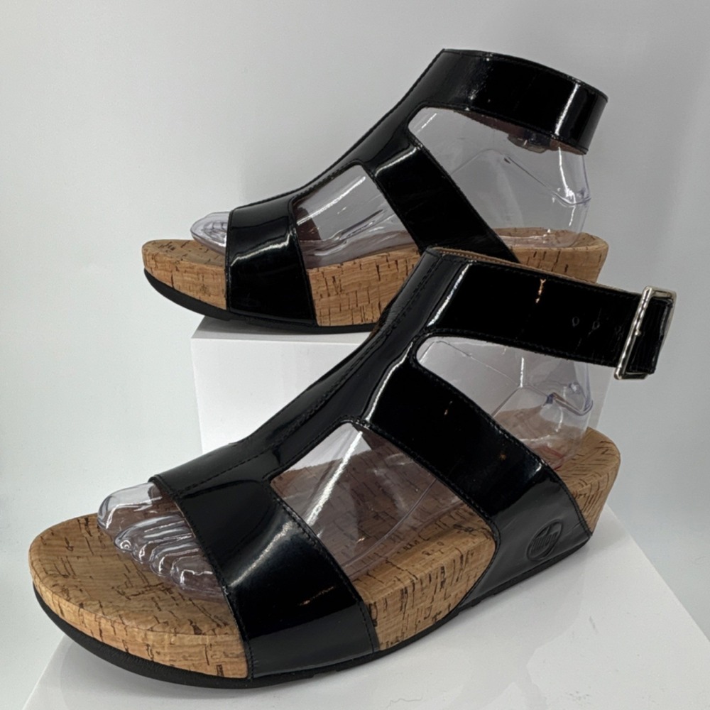 FitFlop Arena Gladiator Women 8 Black Strappy Ankle Buckle Cork Wedge Sandals